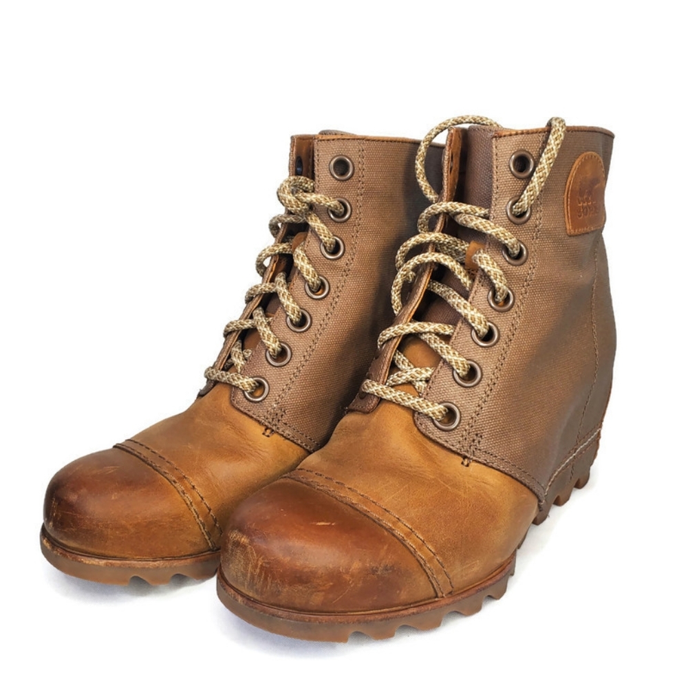 Sorel Premium PDX Booties Tan Brown Lace Up Wedge Ankle Boots